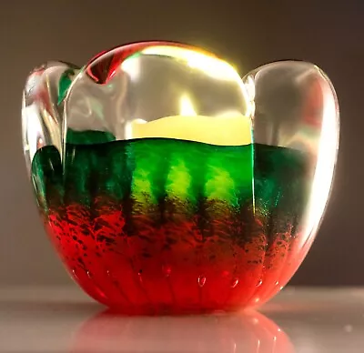 Buy Quazar Blown Glass Tea Light Candle Holder, Malta, Red Green Signed Unusual Gift • 28.60£