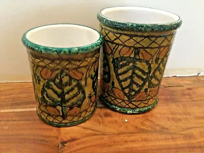 Buy 2 Handpainted Italy 2 Sizes Cylinder Vases Pencil Holder Glass Cup Greens Leaves • 27.99£