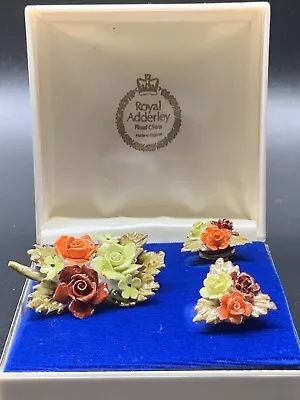 Buy ROYAL ADDERLEY GOLD  PLATED Handpainted Floral China Brooch & Earring Set -1970 • 177.77£