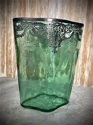 Buy Antique 1930’s Bent Green Glass Vase Sterling Silver Overlay  • 80.32£