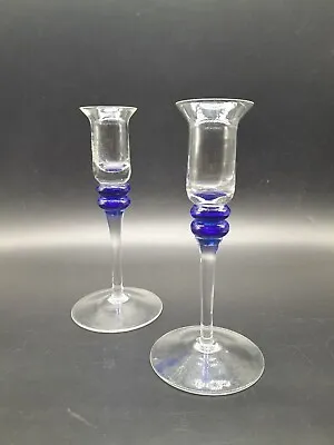 Buy Pair Of Vintage Handmade Glass Candle Sticks Cobalt Blue And Clear 17.5cm Tall • 11.99£