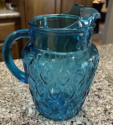 Buy Anchor Hocking Madrid Turquoise Blue Glass Water Pitcher Diamond Quilted 82 Oz • 33.57£
