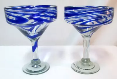 Buy Handblown Margarita Glass Set 2 Cobalt Blue Swirl Artisan Handmade Barware NEW • 35.54£