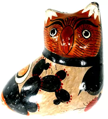 Buy Vintage Mexican Folk Art Pottery Owl Bird Figurine Cactus Plants Browns Tans • 12.14£