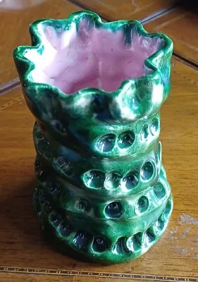 Buy Vintage White Clay Studio Pottery Vase, Nice Design In Green, Pink Glaze Within. • 9.99£