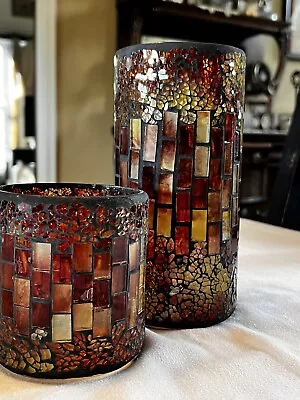 Buy Set Of 2- Hurricane Cut Glass Mosaic Candle Holders - Red/gold 8in/4in • 19.28£
