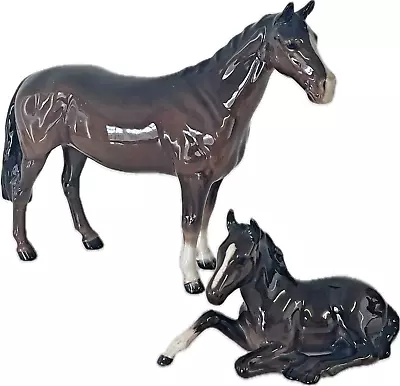 Buy 2 X Vintage Beswick Brown Horses Foal & Stallion Figurines Made In England • 29.99£