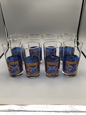 Buy Cobalt Blue Drinking Glasses W/Gold Leaves & Lotus Flowers 5.5” Tall EUC • 68.04£