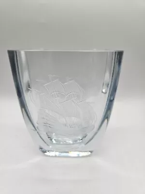 Buy Stromberg Swedish Ice Blue Art Glass Vase Etched Ship Sign:  Stromberg B316  • 75.71£