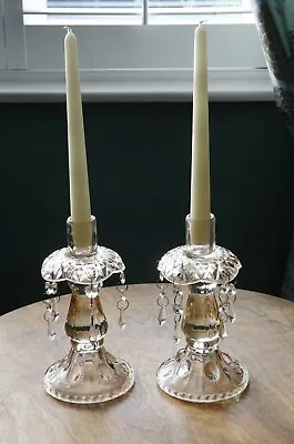 Buy Pair Of Vintage Glass Candle Sticks With Crystal Droplets • 35£