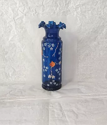 Buy Victorian Antique Blue Glass Vase Handblowen Ruffled Top Handpainted  • 14£