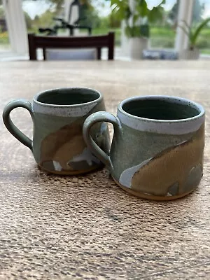Buy Pair Of Studio Pottery Mugs Stamped SC Blue Green Beige  • 2.49£