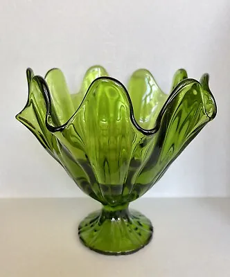 Buy Vintage L E Smith Glass Green Handkerchief Pedestal  Compote  Ruffled Bowl 7 1/2 • 28.81£