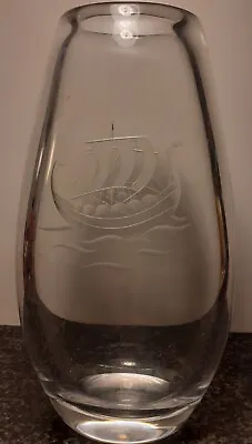 Buy Vintage MCM Scandinavian Clear Glass Free Blown Vase Engraved Viking Long Ship • 9.99£