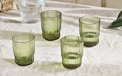 Buy 1xOlive Green Water Glass Tumbler, Rustic Ribbed Coloured Glassware, Fali Nkuku • 8.75£