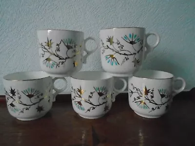Buy Set Of 5 Vintage Hand Painted Bone China Cups - White With Gilt And Turquoise • 4£