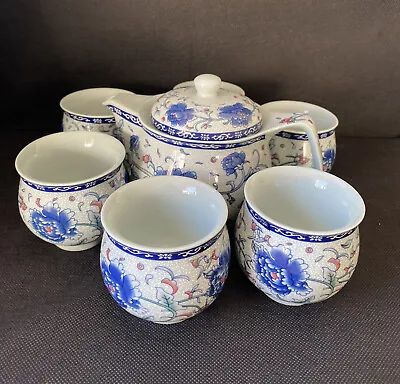 Buy Chinese Porcelain Floral Pattern Green Background Teapot Set With 6 Cups.EC • 35£