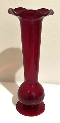 Buy Vintage Hand Blown Applied Clear Crackle Glass Ruby Red Fluted Vase 10  Tall • 17.16£