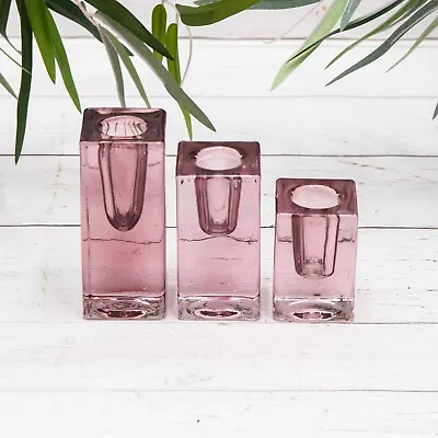 Buy Set 3 Vintage Pink Glass Candle Square Cubed Retro Dinner Taper Candle Holders • 13.95£