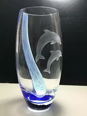 Buy Lenox Studio Etched Dolphins With Blue & White Fleck Spiral Band Art Glass Vase • 16.99£