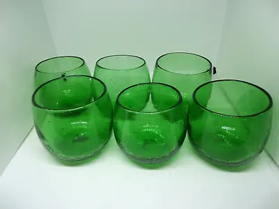 Buy Rolly Polly Green Crackle Glass Tumblers Votives Hand-Blown Set Of 6 EUC • 27.45£