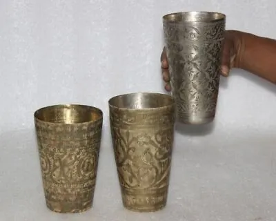 Buy 1930'S  Brass Hand Carve Floral Engraved Milk Lassi Brass Drinking Glass 3PC • 118.42£