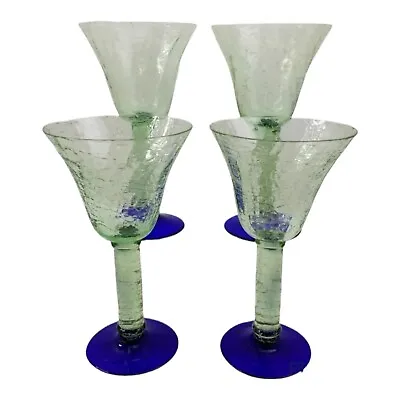 Buy Hand Blown Crackle Glass Wine Goblets Glasses Stemware Colbalt Blue 8oz Set Of 4 • 23.99£