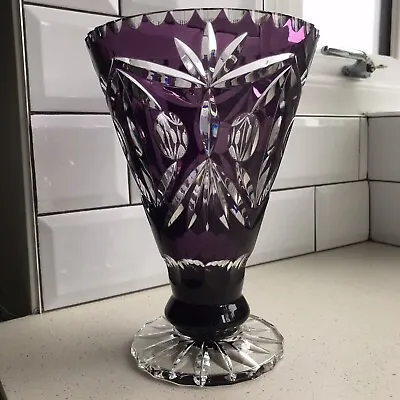 Buy Vintage 10” Bohemian Czech Vase Purple Cut To Clear Glass Vase • 40£