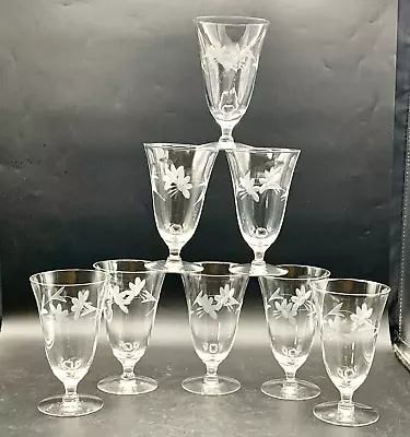Buy Vintage Etched Floral Footed Iced Tea Water Glasses - Wheel Cut - Set Of 8 • 33.57£