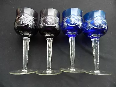 Buy Four Bohemian Cut To Clear Wine/hock Glasses Two Blue Two Amethyst - 19cm • 49.99£