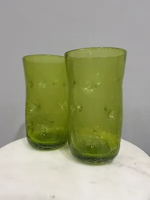 Buy Pair Of Vintage Blenko Green Pinched Crackle Glass Drinking Tumblers 6” *Read* • 37.92£