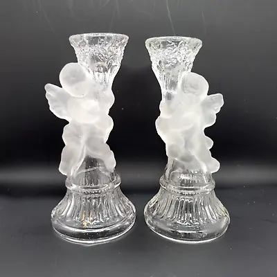 Buy Vintage Clear Glass With Frosted Cherub Candle Stick Holders • 24.11£