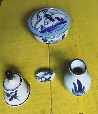 Buy Old/vintage Delftware Blue And White 4 Items Trinket Dutch Clog, Bell, Vase. Vgc • 15£