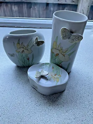 Buy Rare Vintage Marues Porcelain Flowers Vases And Box With Raised Butterflies Set • 85.55£