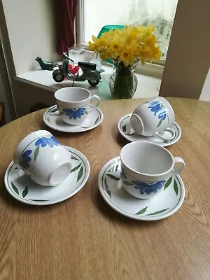 Buy Vintage Staffordshire Tableware 4 X Coffee Cups & Saucers Blue Flowers 1980s • 7.50£