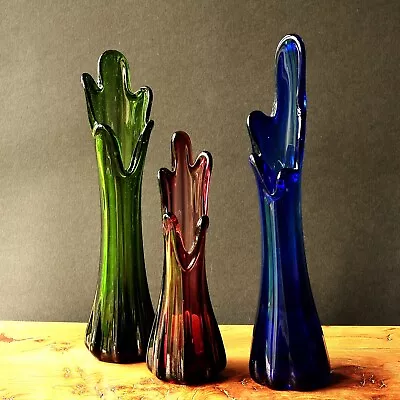 Buy Lot Of 3 Vintage Swung Glass Vases BLUE, GREEN & AMETHYST Art Glass Vase • 30£