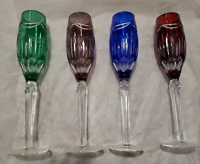 Buy Set 4 Antique BOHEMIAN Crystal Cut-to-Clear 10  Champagne Glasses * JEWEL Colors • 94.50£
