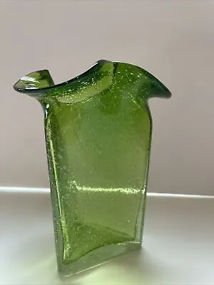 Buy Triangle Green Vase Hand Blown Art Glass Bubbles Flutter Top Vintage MCM • 57.62£