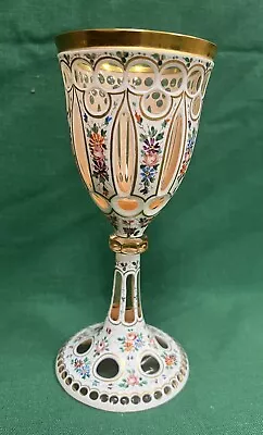 Buy Antique Moser Style Bohemian Floral Enameled 7 1/2” Cut Glass Wine Glass • 283.22£