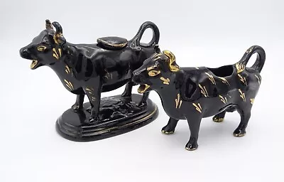 Buy Antique Victorian Staffordshire Jackfield Pottery Pair Black Cow Creamers • 27.95£
