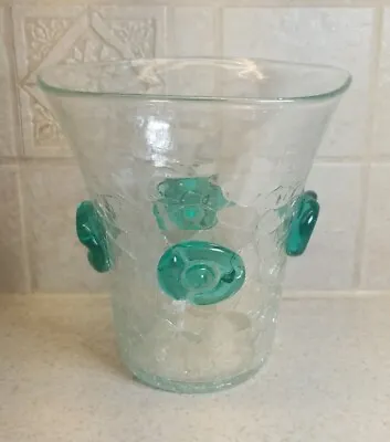 Buy Vintage BLENKO Glass Clear Crackle Vase #439 Applied Turquoise Rosettes MCM  7   • 37.94£