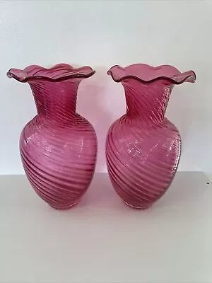 Buy Beautiful Vintage Hand Blown Pair Of Cranberry Glass Swirl Vases 28cm High  • 34.99£