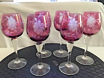 Buy Set Of Six Cranberry Coloured Etched Wine Glasses Excellent Condition • 30£