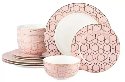 Buy 12Pc Dinner Set Porcelain Tableware Crockery Gold Pink Plates Bowl Service For 4 • 44.99£
