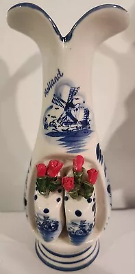 Buy Vtg Delft Holland Blue & White Windmill Vase Red Roses Great For Mothers Day • 9.63£