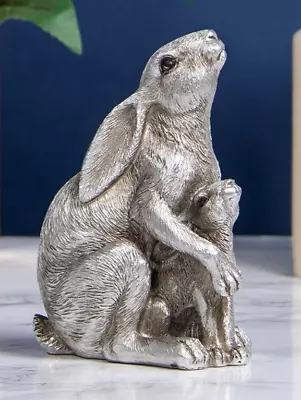 Buy Dad & Baby Hares Ornament By The Leonardo Collection Antique Silver Effect Hare • 12.95£