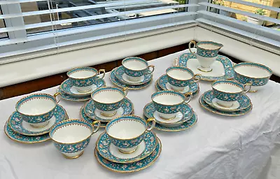 Buy 28pc Vintage Crown Staffordshire Turquoise Ellesmere Pattern Tea Set - See Desc. • 400£