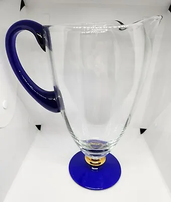 Buy Vintage Romania Crystal Clear Large Pitcher Cobalt Blue Base Gold Ball 11   Tall • 26.52£