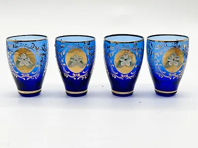 Buy 4 X Vintage Bohemian Art Glasses Blue With Ornate Gilt Highlights • 24.99£