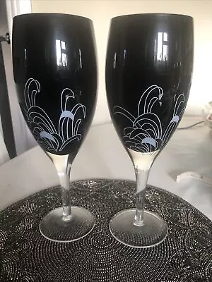 Buy Denby  Monsoon Black Chrysanthemum Wine Glasses X2 • 12.99£